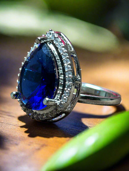 Tear Drop Cluster AD and Blue Sapphire Ring