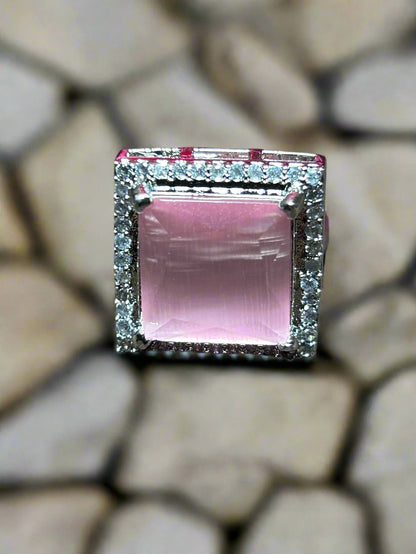 Square Pink Quartz Ring with Cluster AD