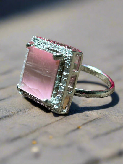 Square Pink Quartz Ring with Cluster AD