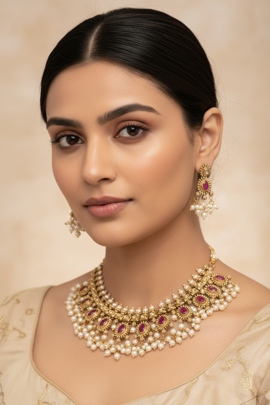 Meera Gold Plated Jewellery Set with pearls