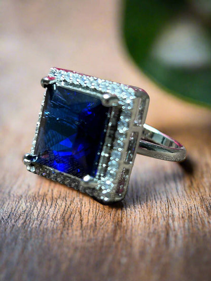 Square Blue Sapphire and Cluster AD Ring