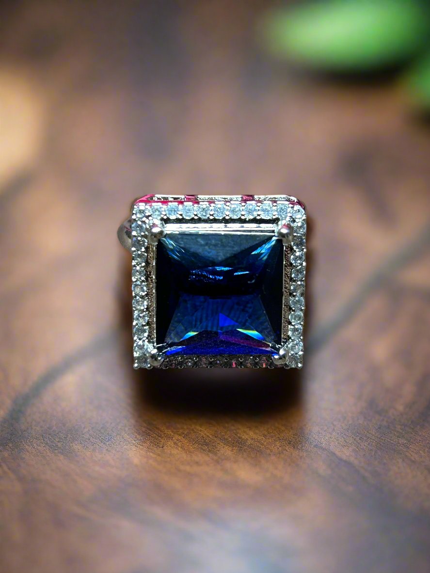 Square Blue Sapphire and Cluster AD Ring