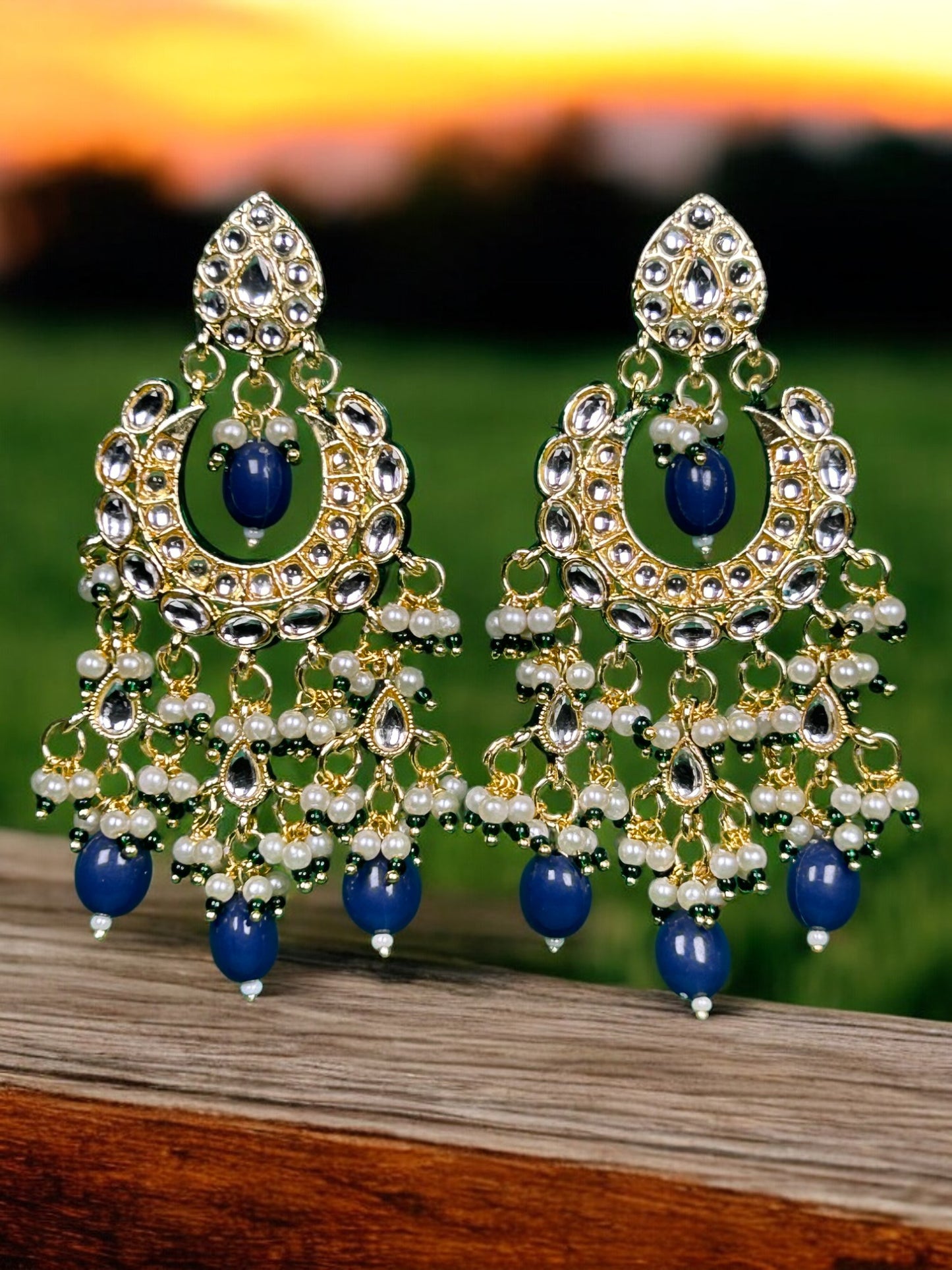 Kundan Chandbali with Blue Beads