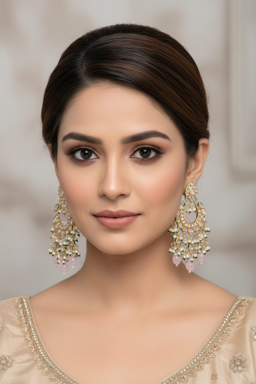 Kundan Chandbali with Baby Pink Beads