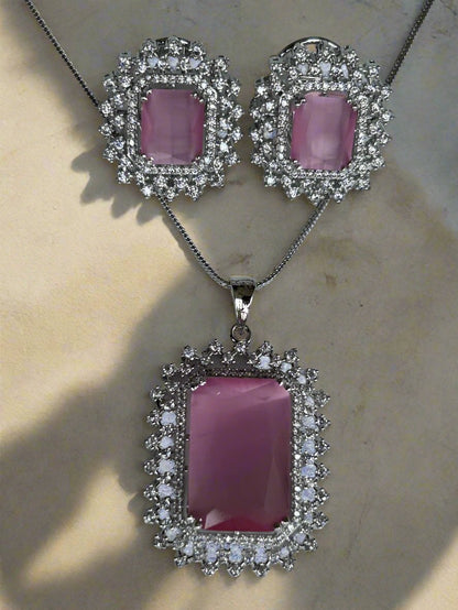 Bold Pink Quartz and AD Pendant Set