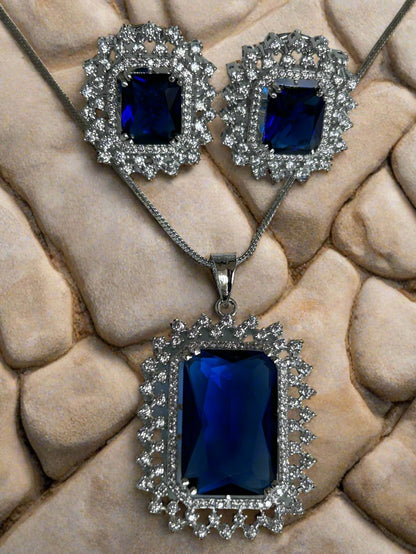 Bold Blue Sapphire and AD Pendant Set