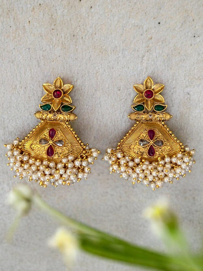 Gold Plated Dangler Earrings with Cluster Pearl Beads