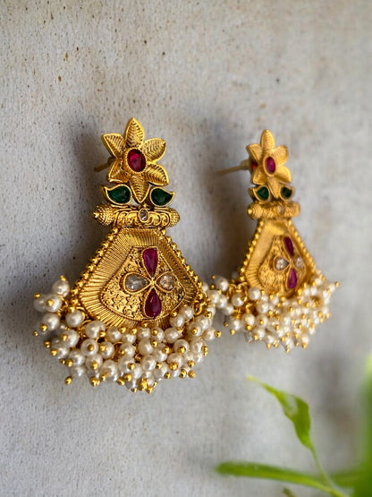 Gold Plated Dangler Earrings with Cluster Pearl Beads