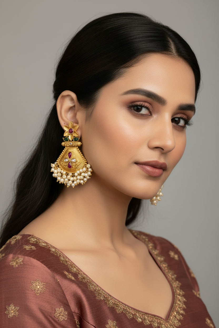 Gold Plated Dangler Earrings with Cluster Pearl Beads