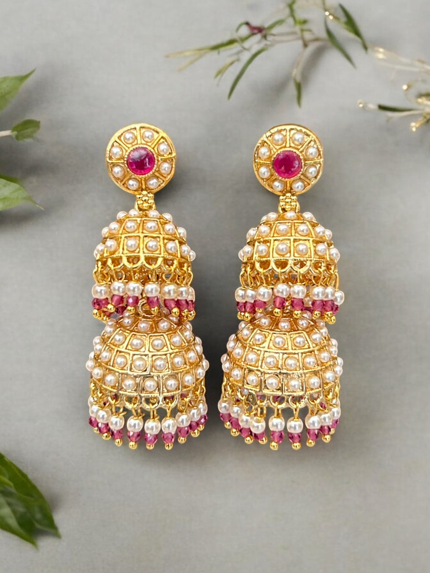 Gold Plated Pearls Studded Two Tier Jhumkis