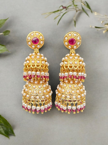 Gold Plated Pearls Studded Two Tier Jhumkis