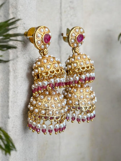 Gold Plated Pearls Studded Two Tier Jhumkis