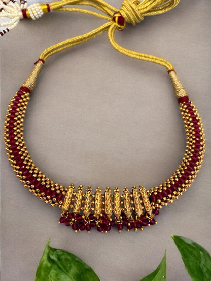 Antique Gold Plated and Ruby Beads Intricate Necklace Set