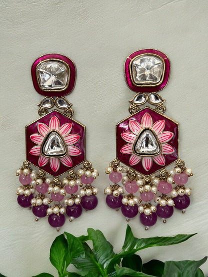 Purple Minakari and Polki Dangler Earrings