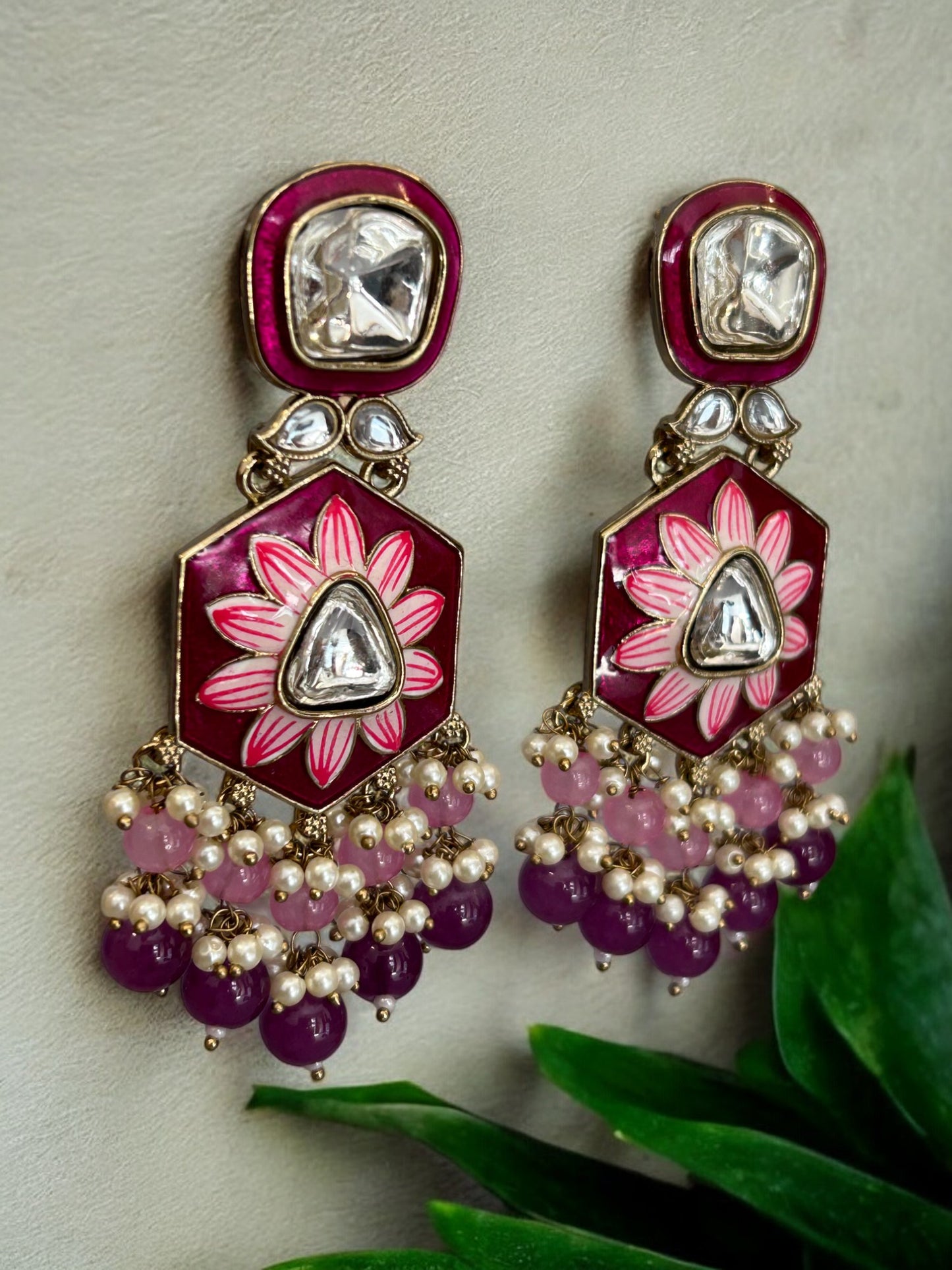 Purple Minakari and Polki Dangler Earrings