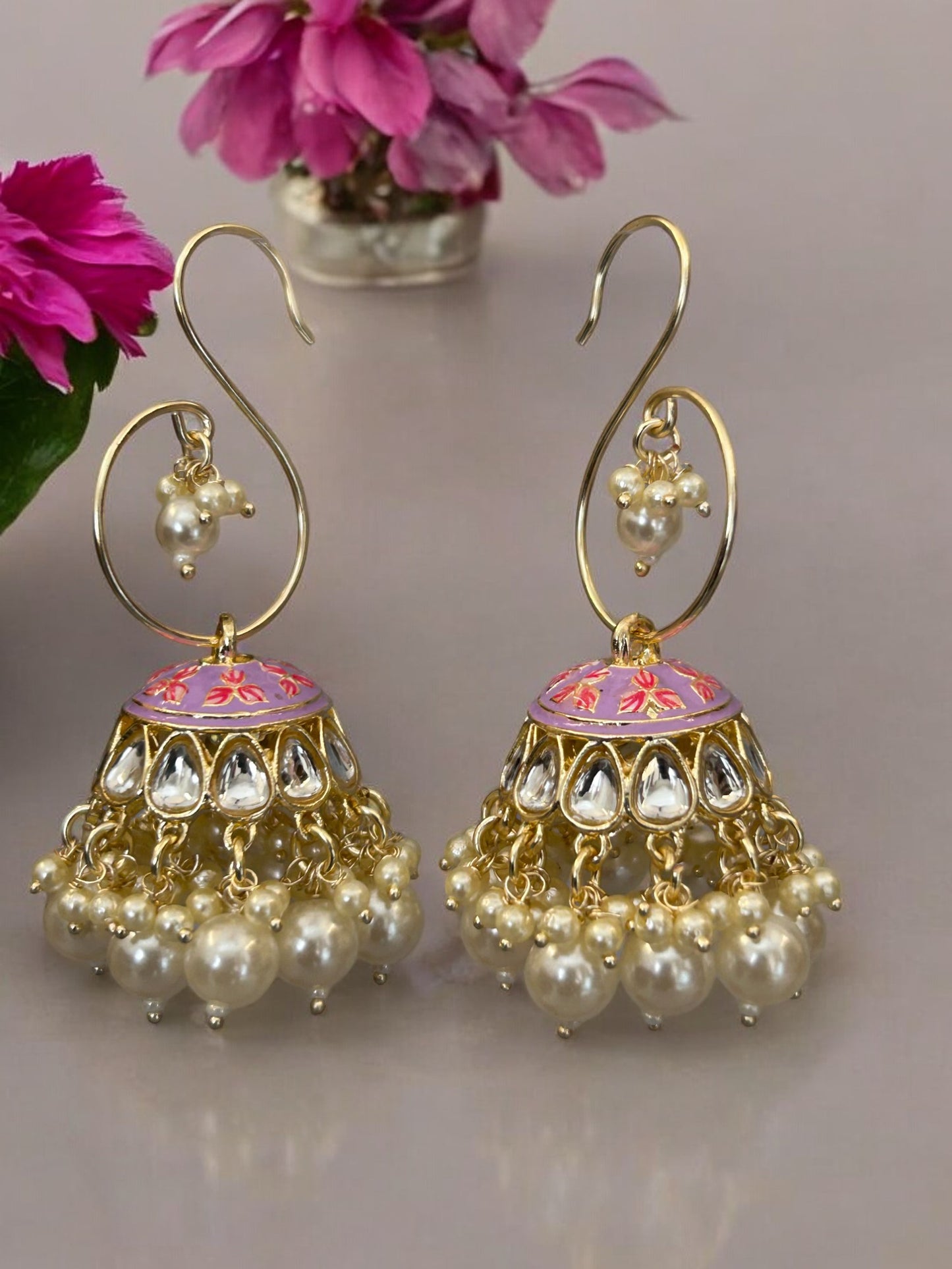 Gold Plated Minakari Jhumka with Pearls Earrings