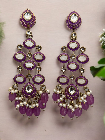 Gold Plated Purple Minakari Dangler Earrings