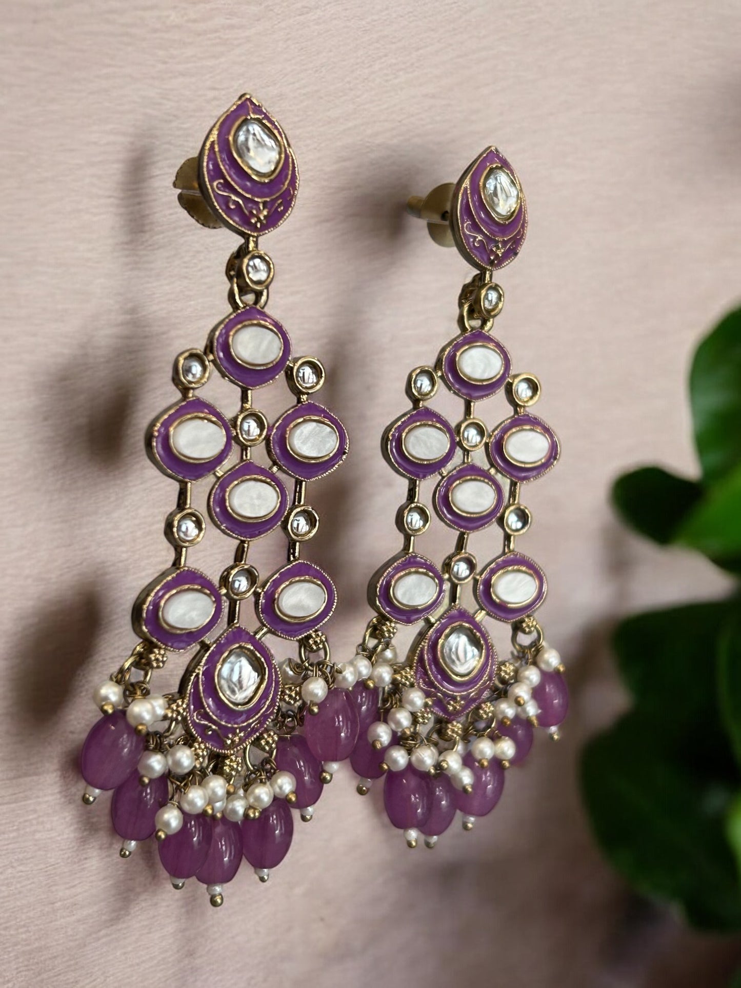 Gold Plated Purple Minakari Dangler Earrings