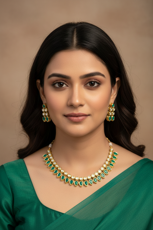 Green Double Line Kundan Necklace Set