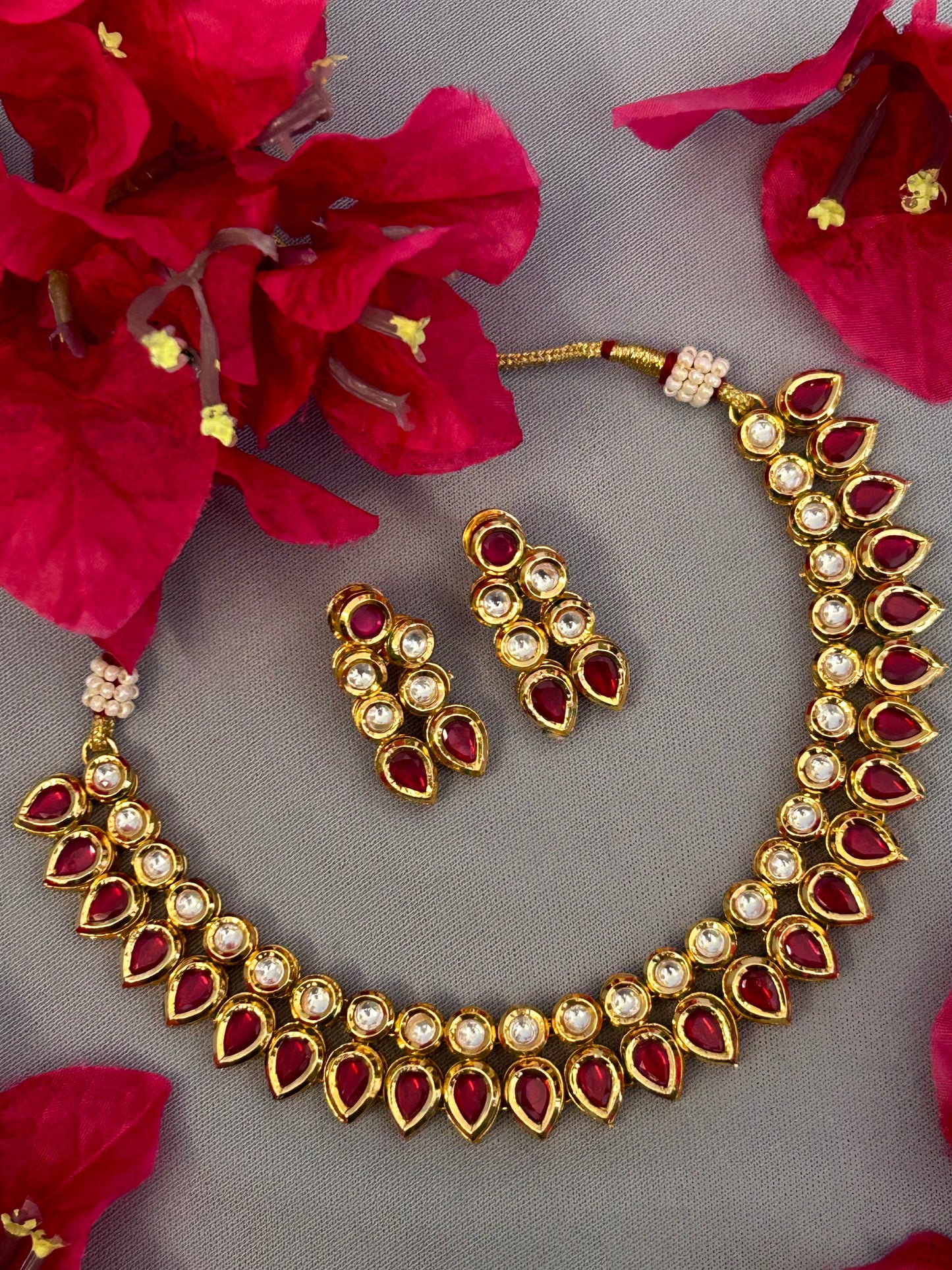 Pink Double Line Kundan Necklace Set