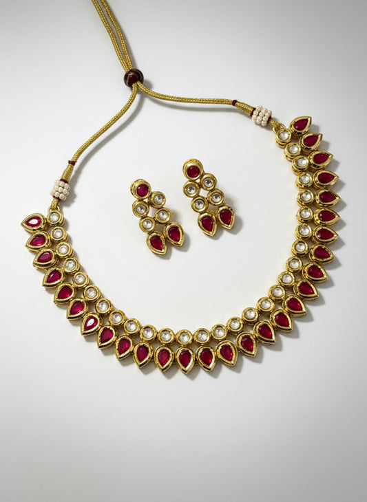 Pink Double Line Kundan Necklace Set