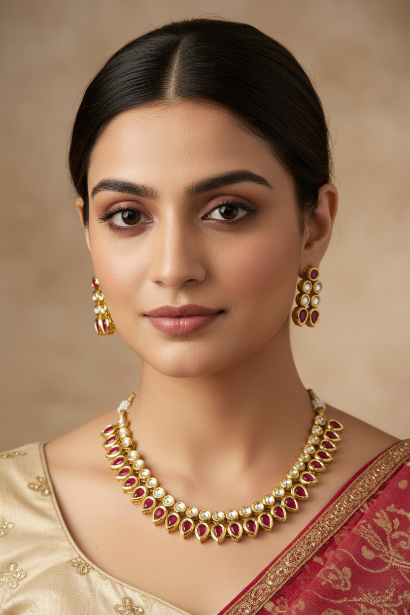 Pink Double Line Kundan Necklace Set