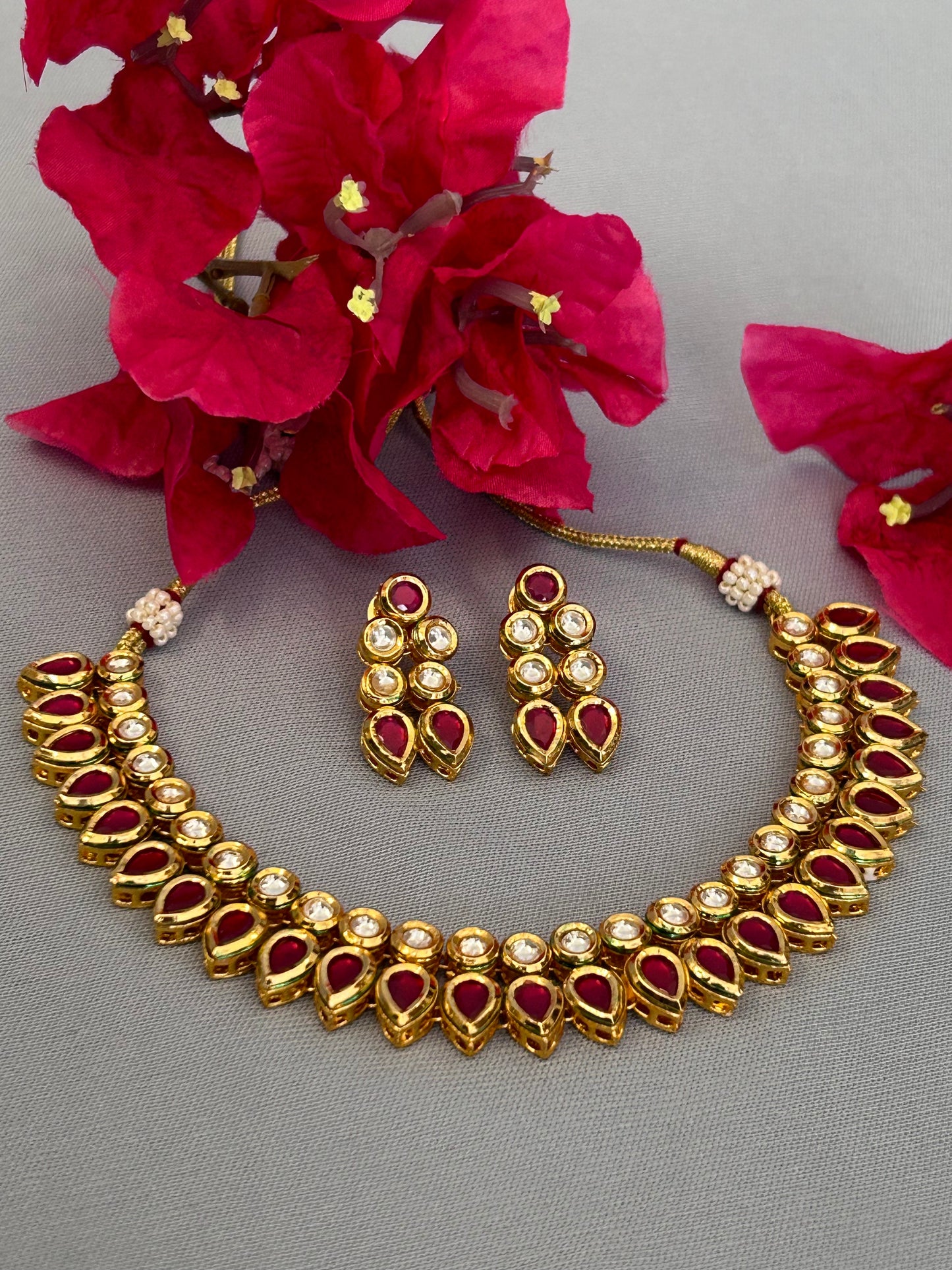 Pink Double Line Kundan Necklace Set