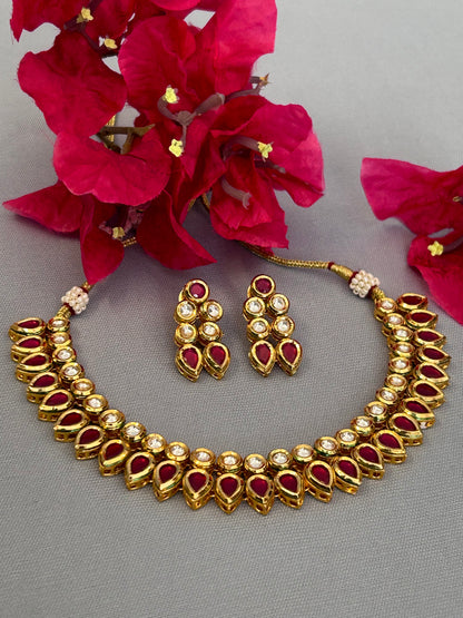 Pink Double Line Kundan Necklace Set