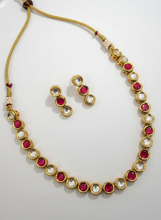 Pink Round Single Line Kundan Necklace Set