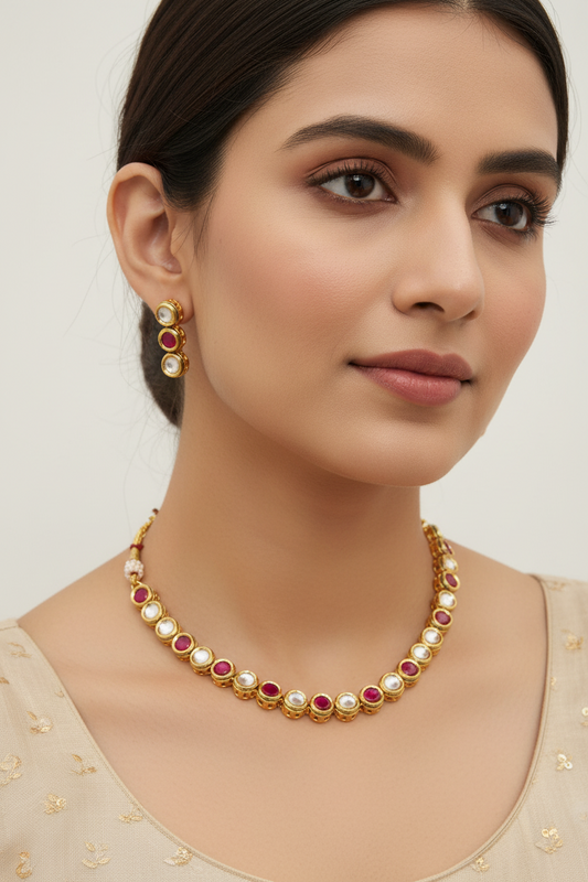 Pink Round Single Line Kundan Necklace Set