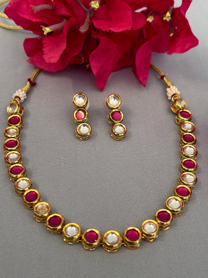 Pink Round Single Line Kundan Necklace Set