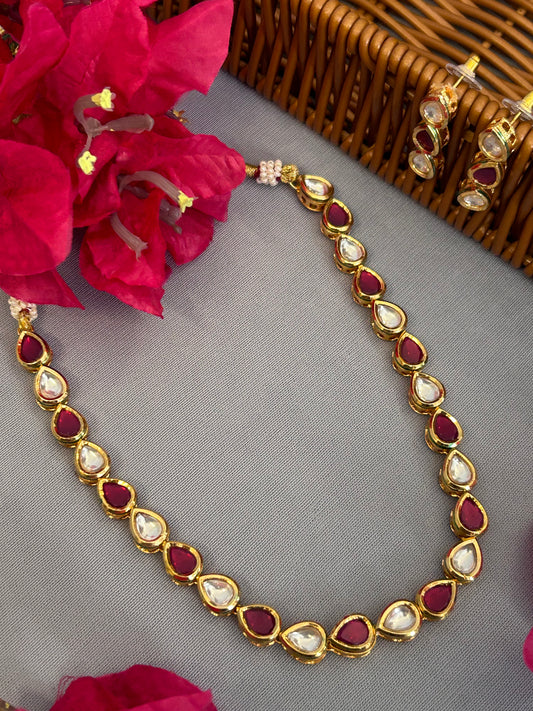 Pink Drop Kundan Single Line Necklace Set with Dangler Earrings