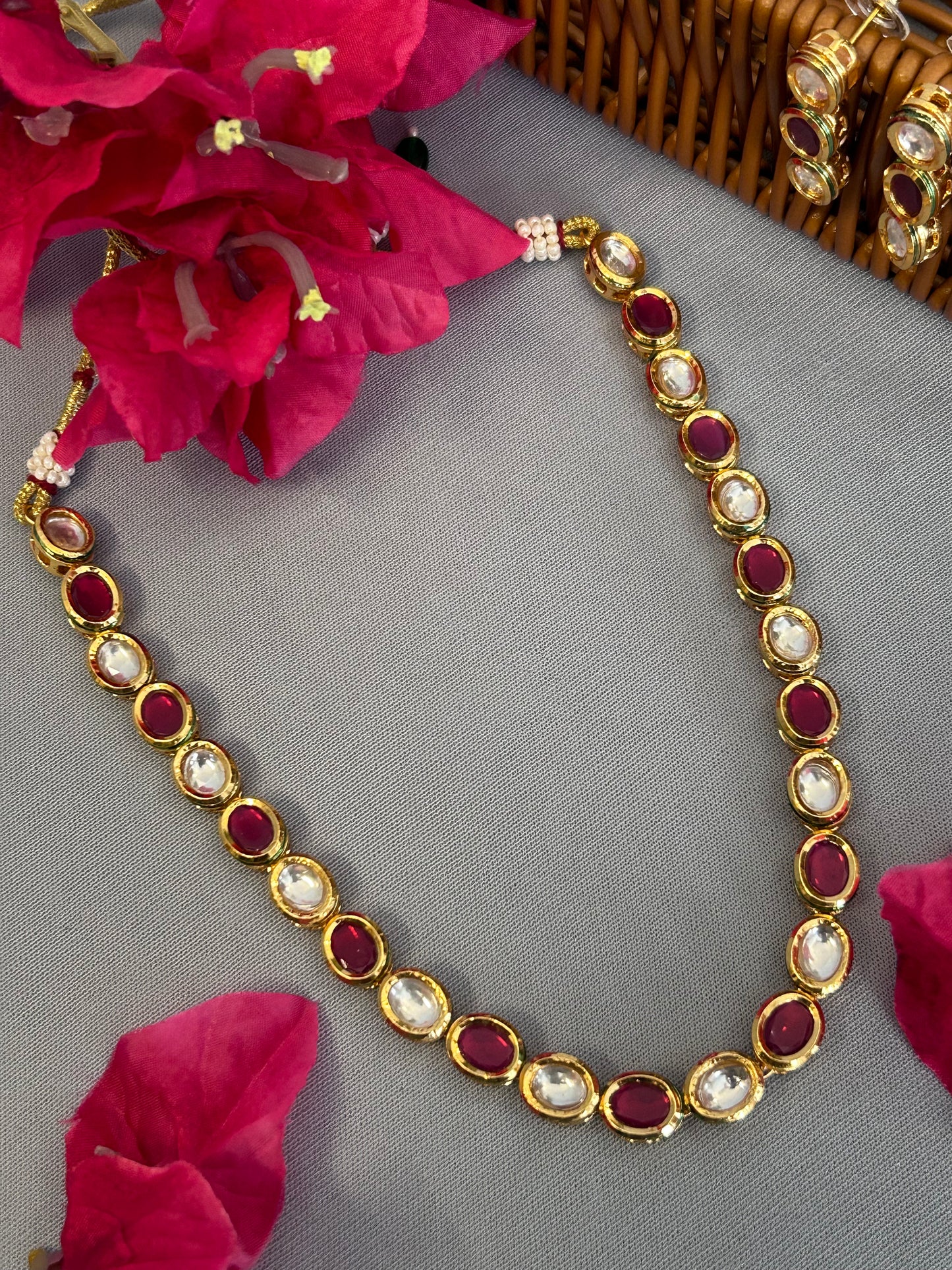 Pink Oval Single Line Kundan Necklace Set