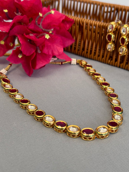 Pink Oval Single Line Kundan Necklace Set