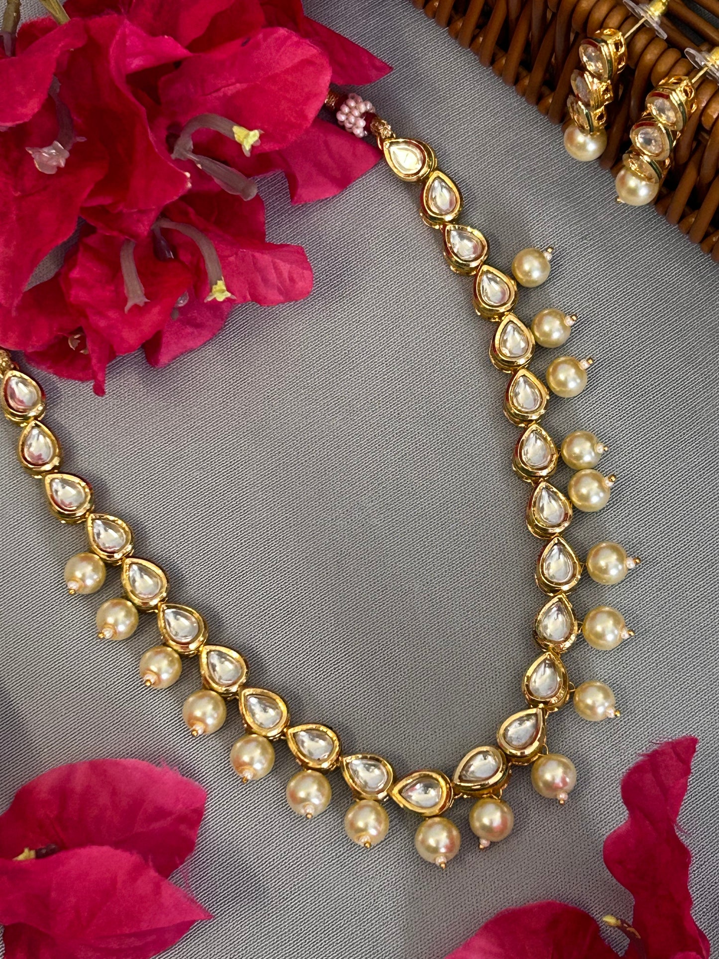 Kundan and white Pearl Single Line Necklace