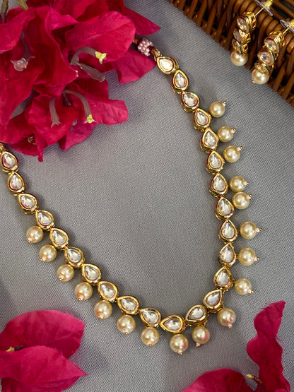 Kundan and white Pearl Single Line Necklace