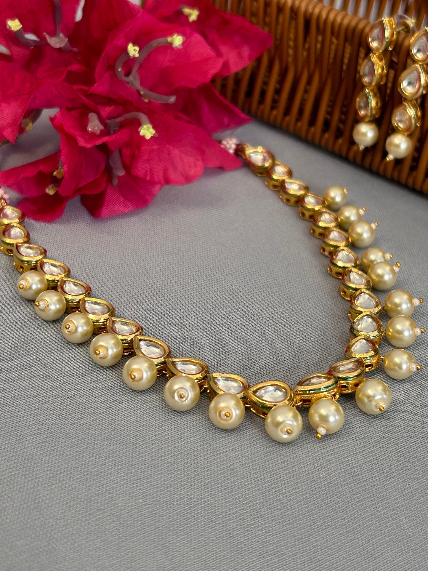 Kundan and white Pearl Single Line Necklace