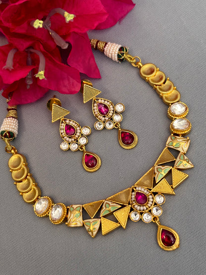 Gold Quirky  Necklace Set with Ruby and Uncut Diamonds