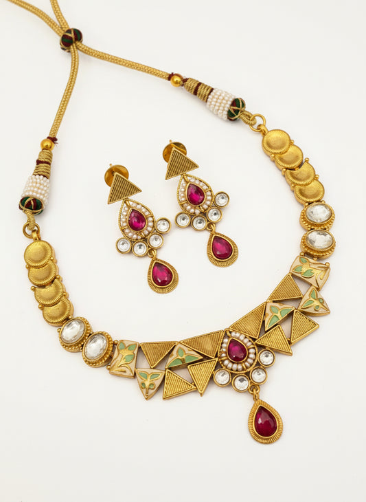 Gold Quirky  Necklace Set with Ruby and Uncut Diamonds