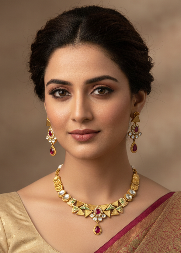 Gold Quirky  Necklace Set with Ruby and Uncut Diamonds