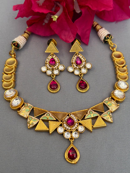 Gold Quirky  Necklace Set with Ruby and Uncut Diamonds