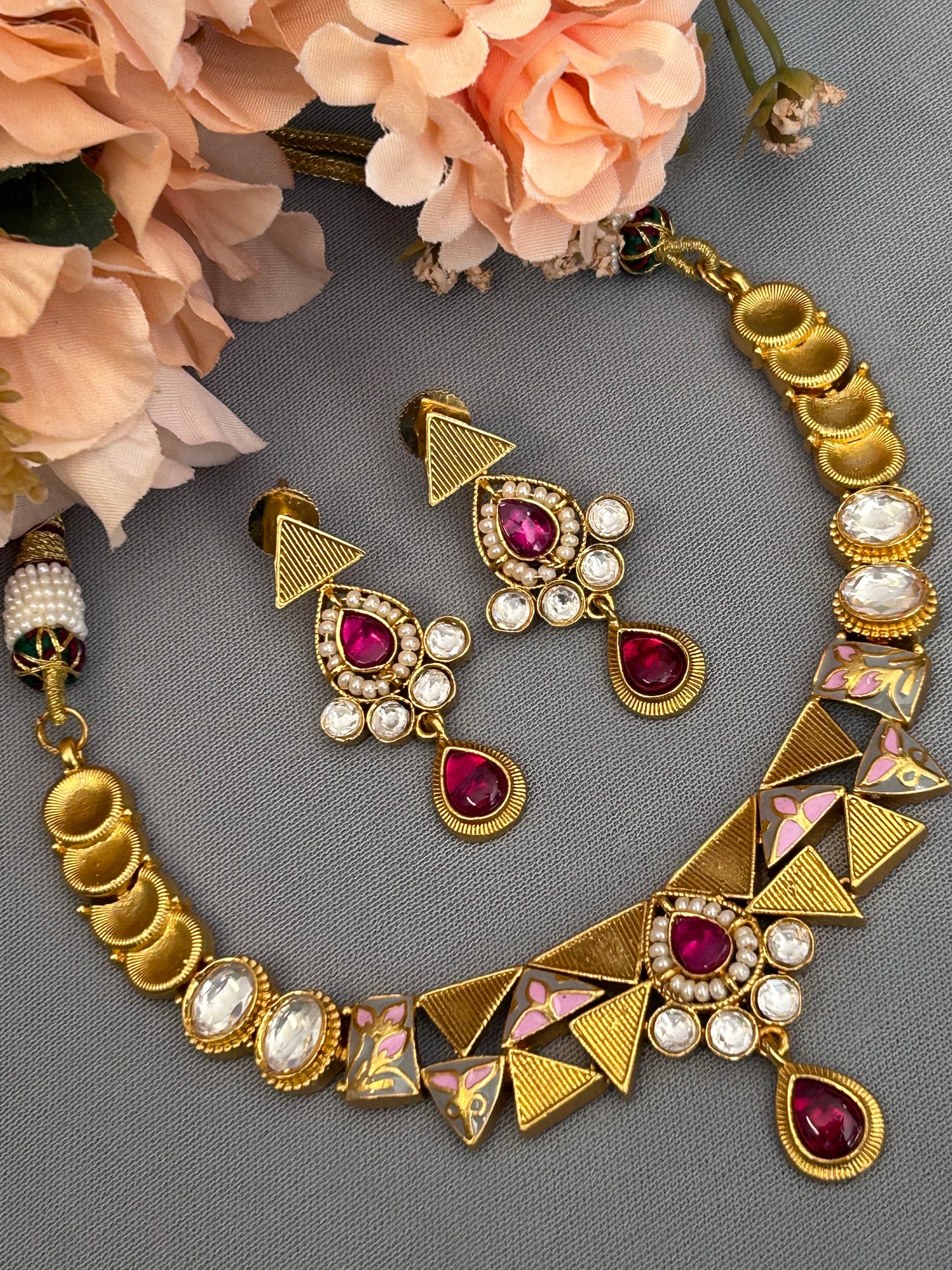 Gold Quirky  Necklace Set with Ruby and Uncut Diamonds