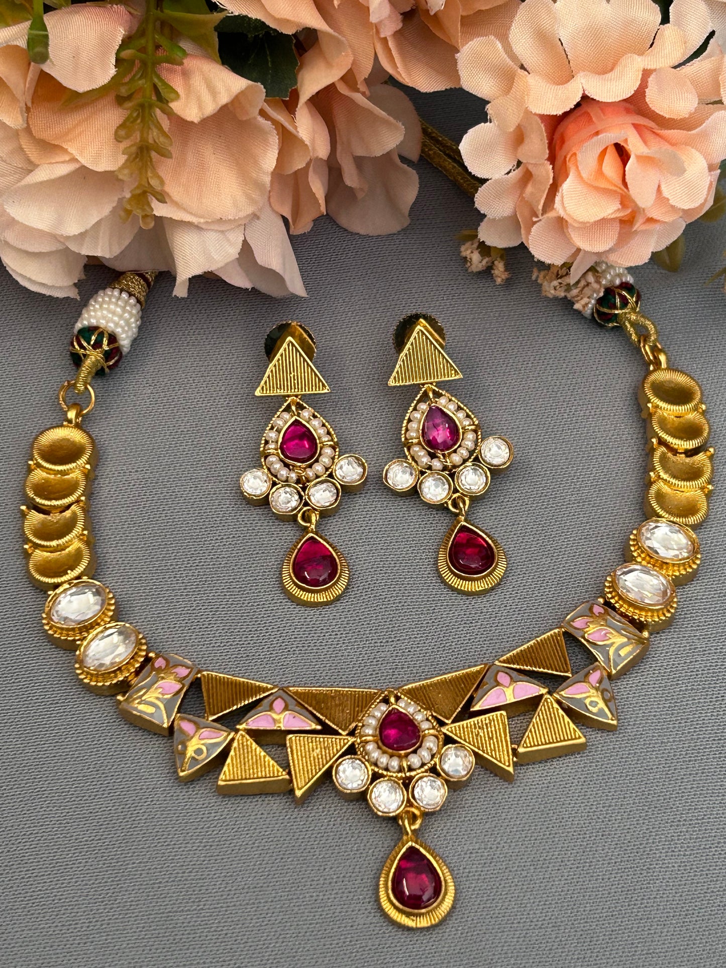 Gold Quirky  Necklace Set with Ruby and Uncut Diamonds