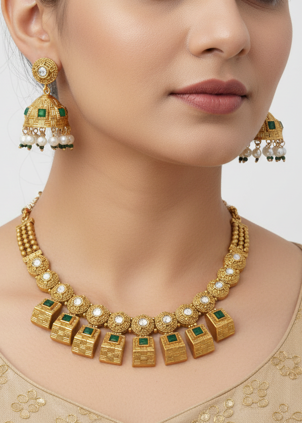 Moissanite and Emerald Gold Plated Necklace Set