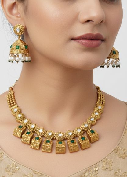 Moissanite and Emerald Gold Plated Necklace Set