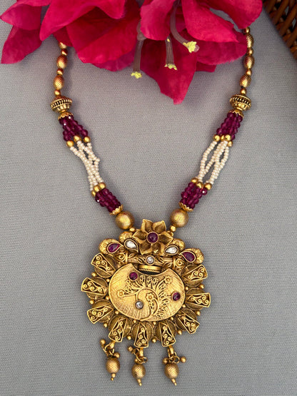 Antique Gold Plated Necklace Set with Gold Beads and Pearls Strings