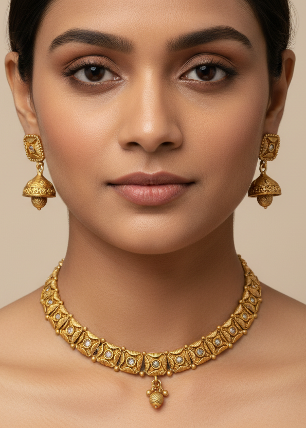 Gold and Diamonds Square Buttons Necklace Set