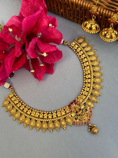 Gold and Ruby Goddess Lakshmi Necklace Set