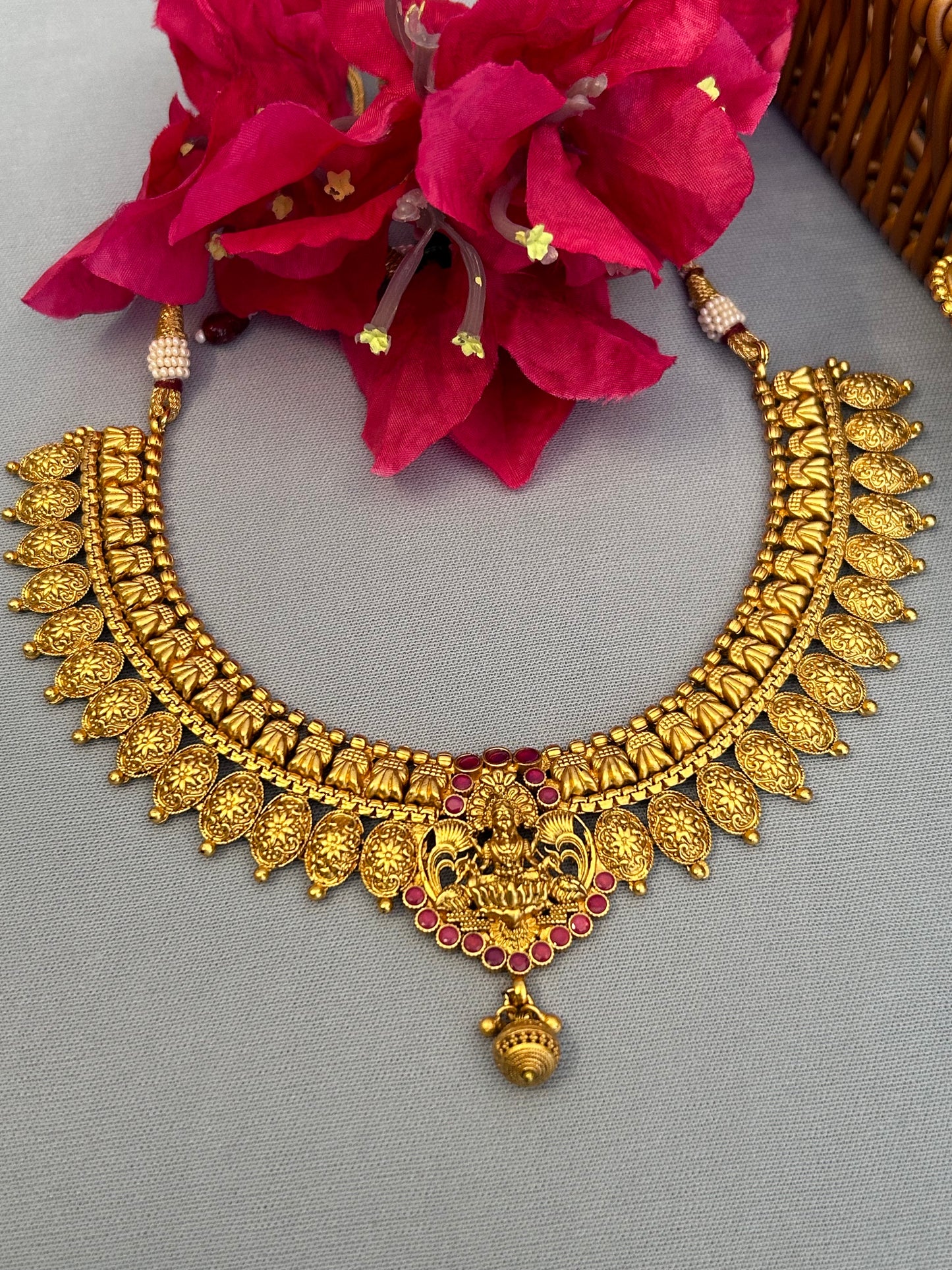 Gold and Ruby Goddess Lakshmi Necklace Set