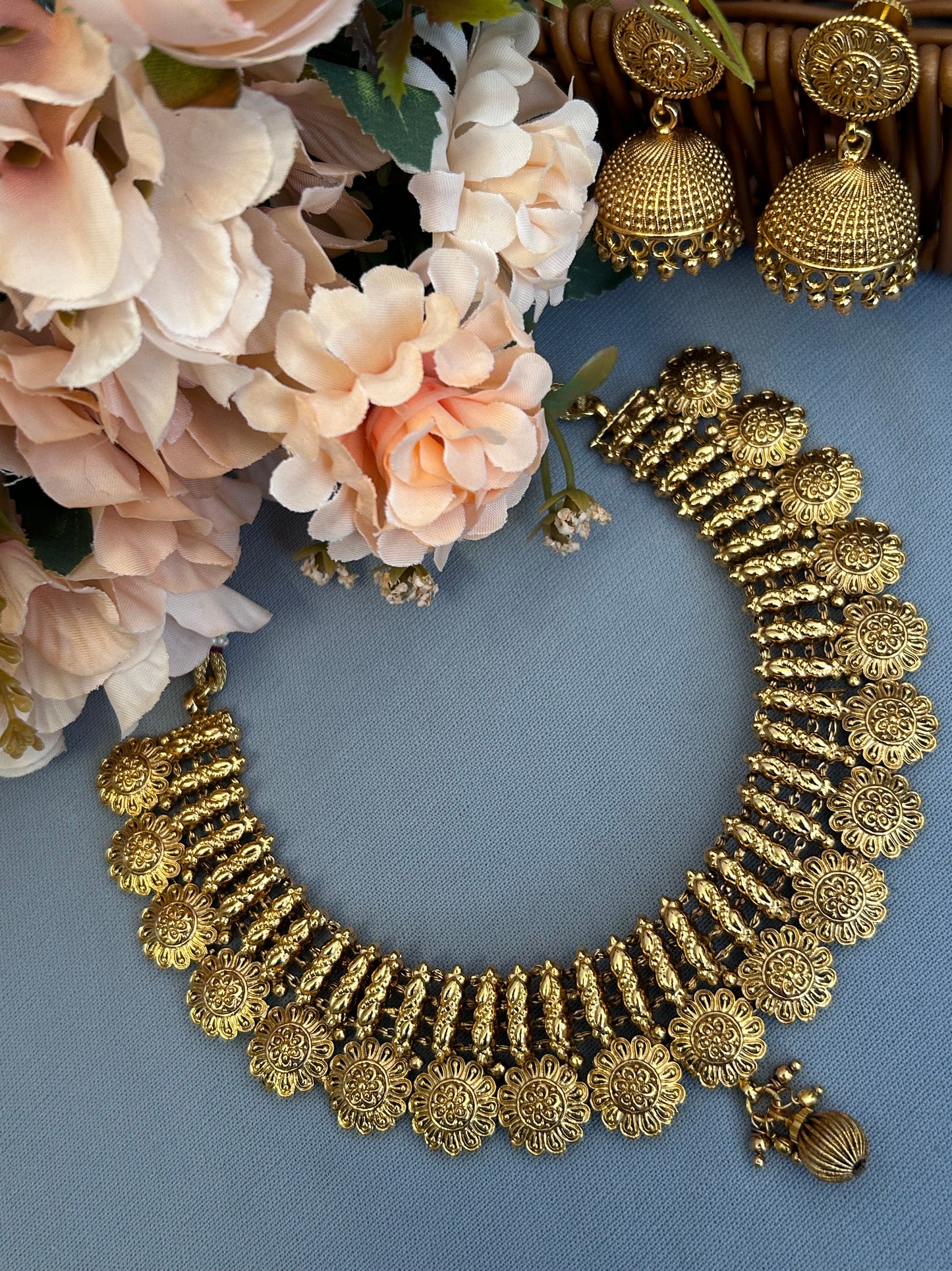 Gold Cluster Flowers Necklace Set with Intricate Jhumkas